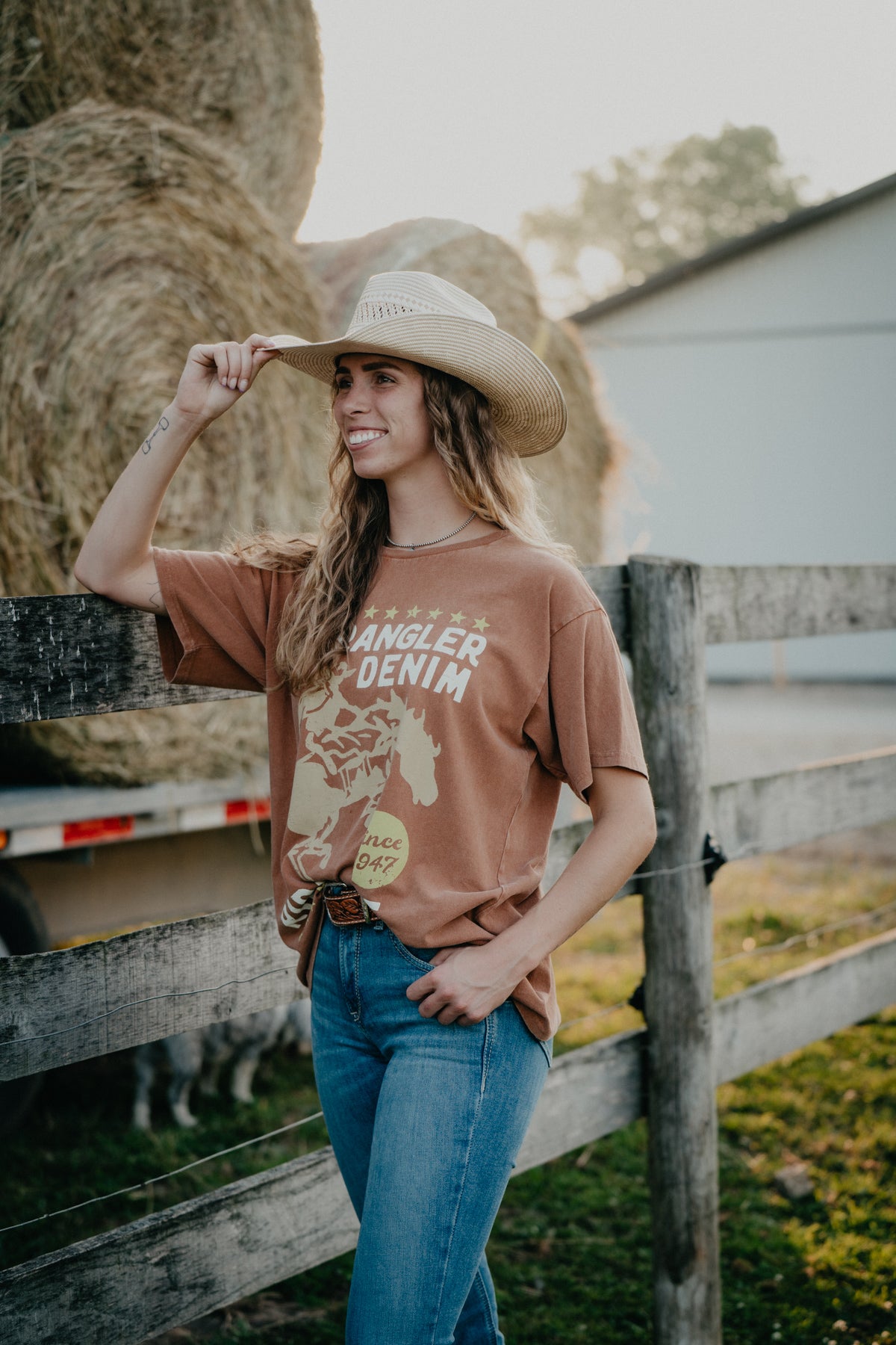 'Ride Free' Wrangler Women's Burnt Orange Oversized Tee (S & M Only)