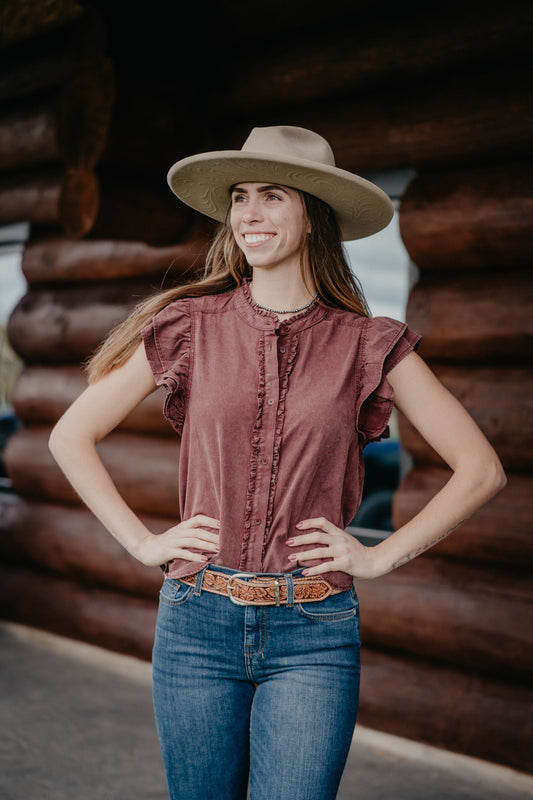'Terri' Washed Ruffle Flutter Sleeve Blouse (S-L)