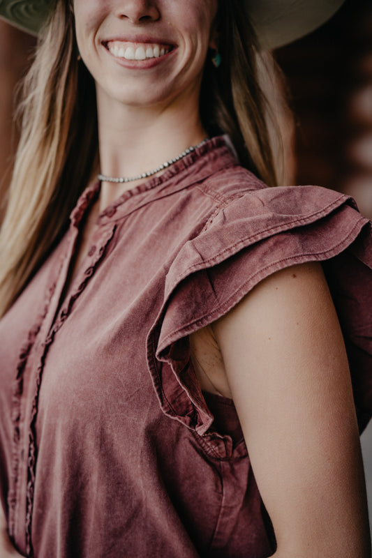 'Terri' Washed Ruffle Flutter Sleeve Blouse (S-L)