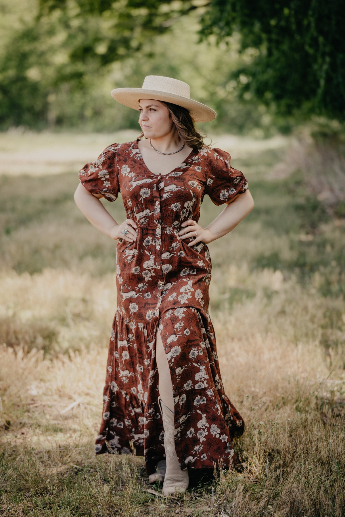 'Lennon' Jackalope & Floral Printed Rust Maxi Dress (S-XL)