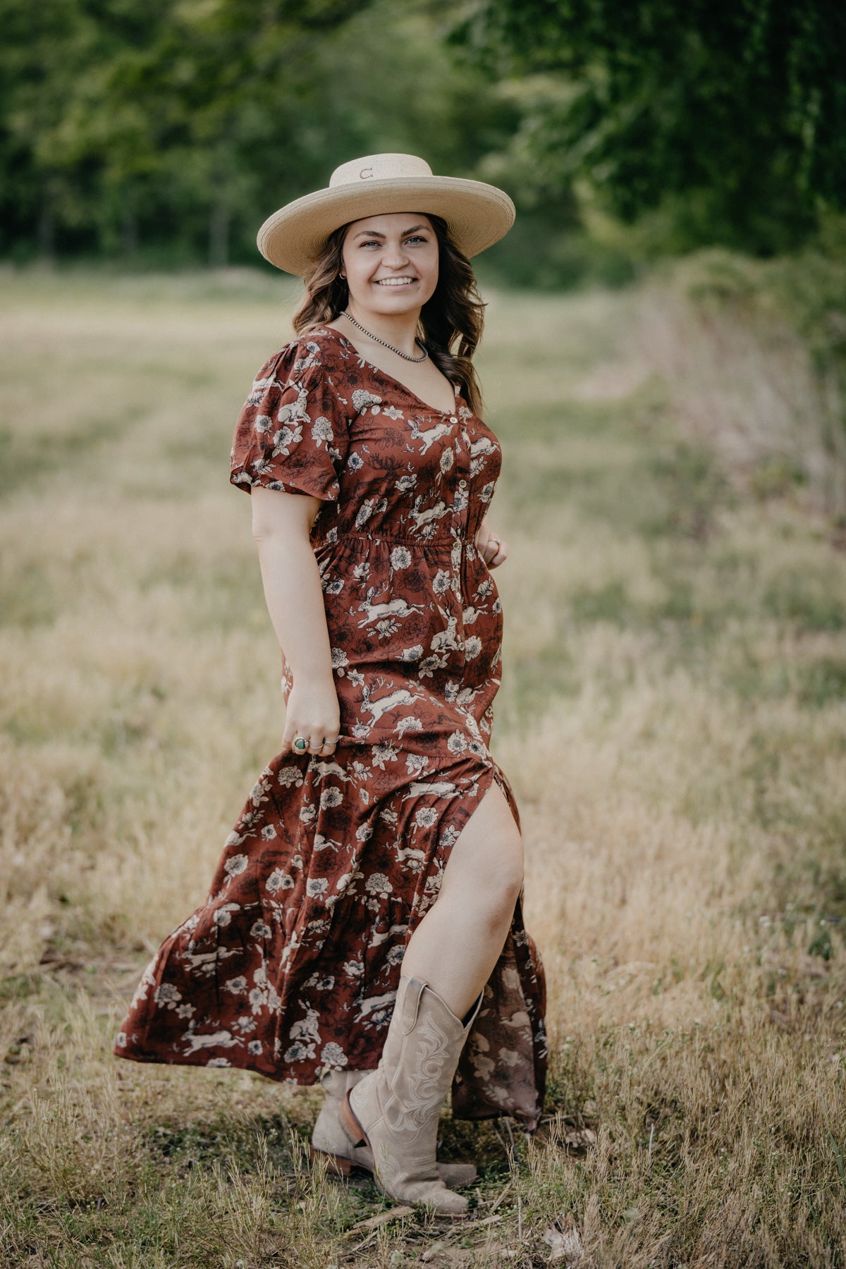'Lennon' Jackalope & Floral Printed Rust Maxi Dress (S-XL)