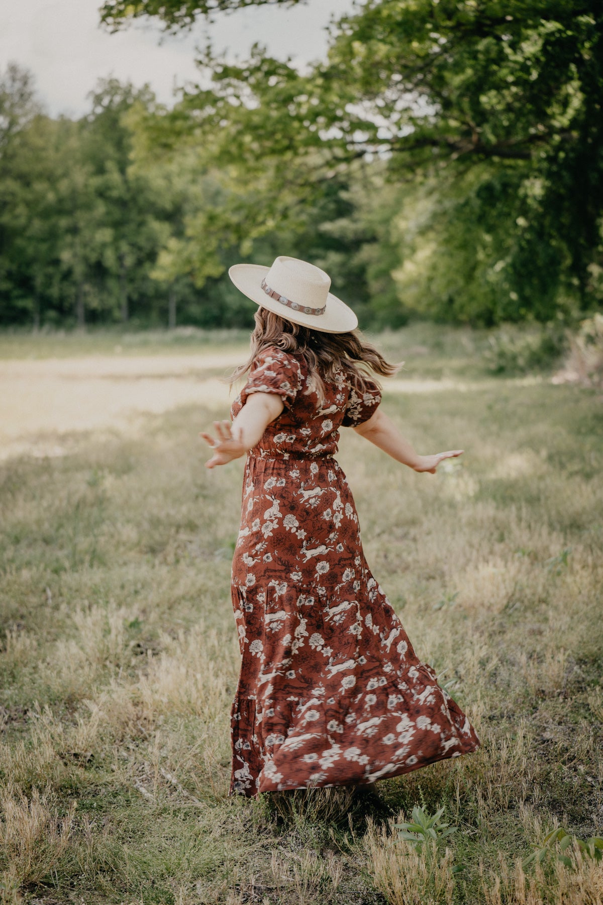 'Lennon' Jackalope & Floral Printed Rust Maxi Dress (S-XL)