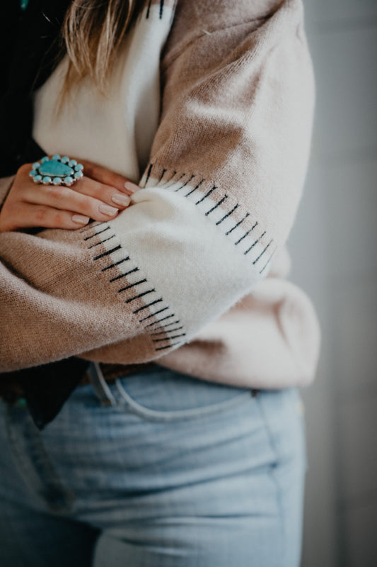 'Nattie' Colour Block Stitch Crew Neck Sweater (Sizes S-L)