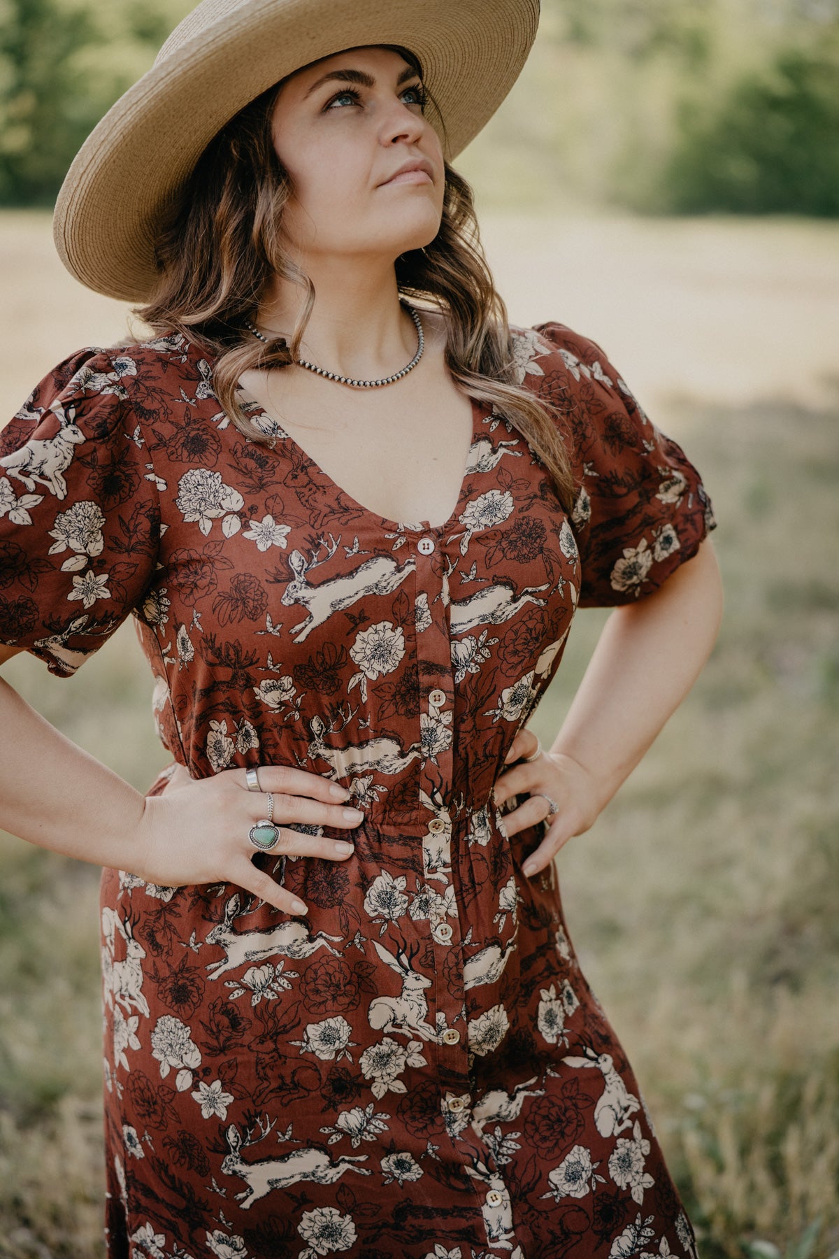 'Lennon' Jackalope & Floral Printed Rust Maxi Dress (S-XL)