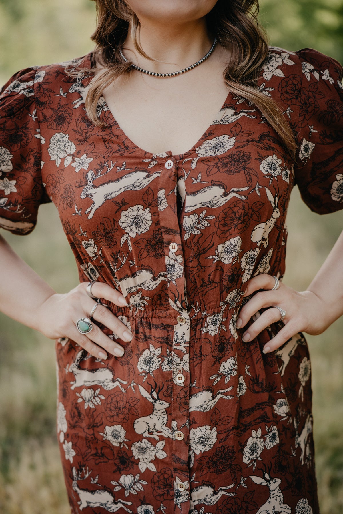 'Lennon' Jackalope & Floral Printed Rust Maxi Dress (S-XL)