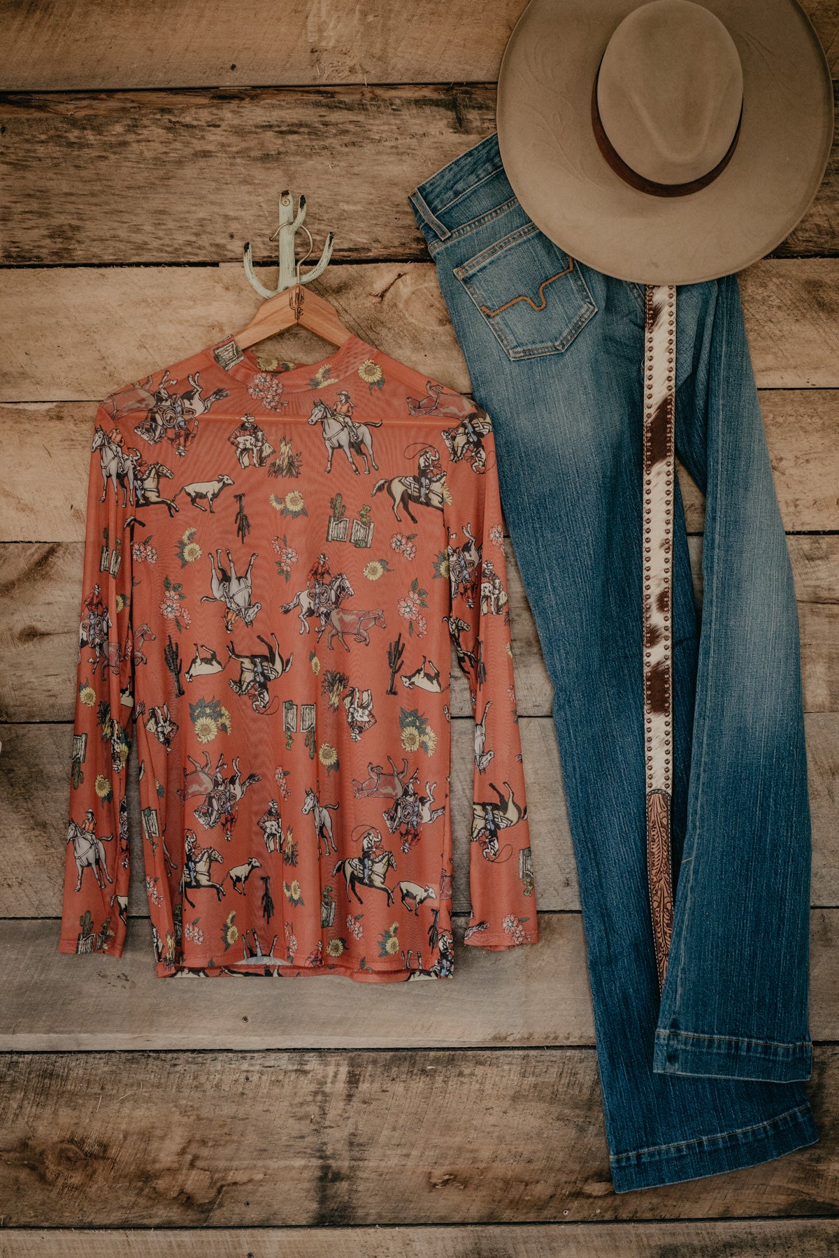 'Rylee' Cowboys and Sunflowers Print Relaxed Mesh Long Sleeve (S-XL)