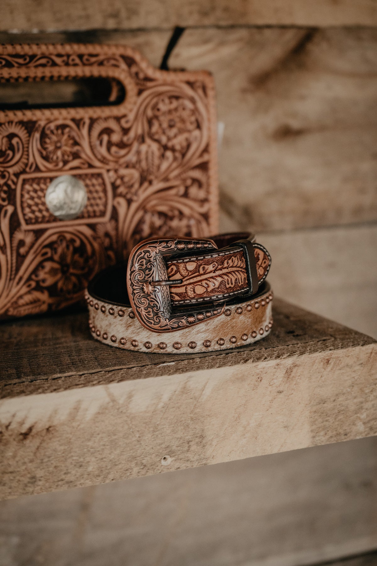 Hair-On Hide Belt with Floral Tooled Billets, Copper Buckle and Accents