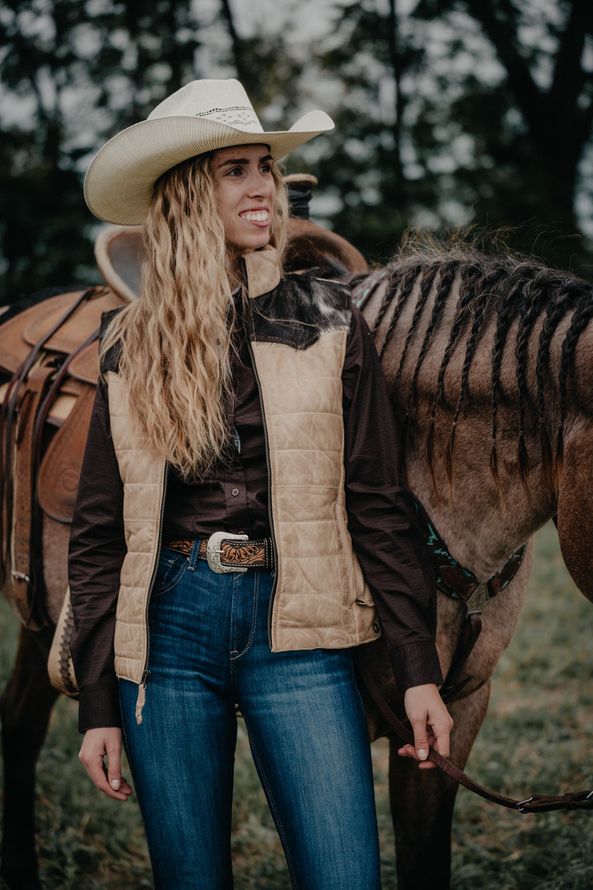 'Palomino' Leather Vest with Cowhide Yoke by STS Ranchwear (S ONLY)