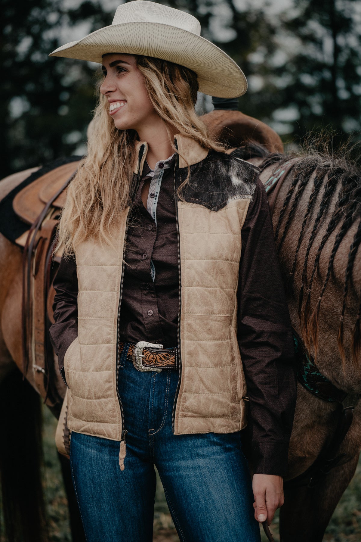 'Palomino' Leather Vest with Cowhide Yoke by STS Ranchwear (S ONLY)