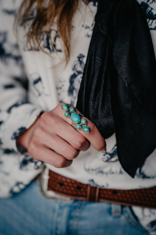 7 Stone Long Genuine Turquoise Ring (Adjustable)