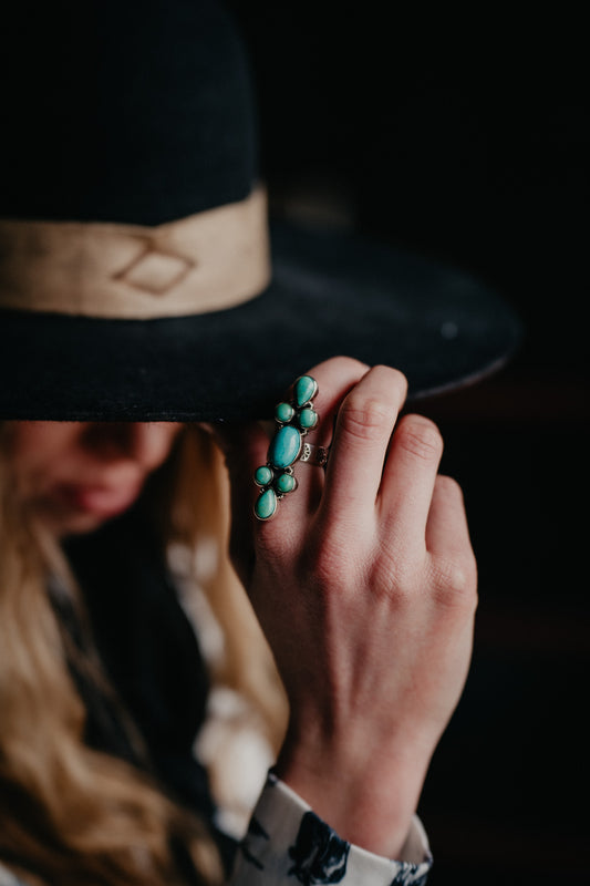 7 Stone Long Genuine Turquoise Ring (Adjustable)