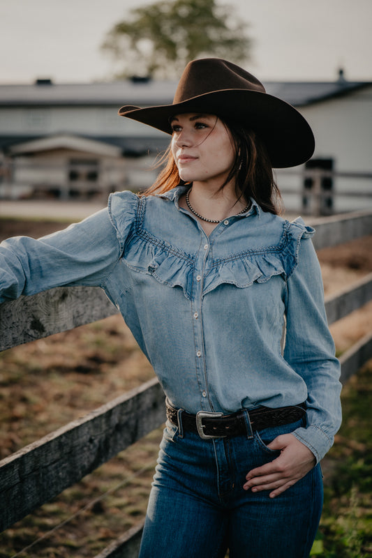 'Tessa' Denim Ruffle Button Down (S-L)