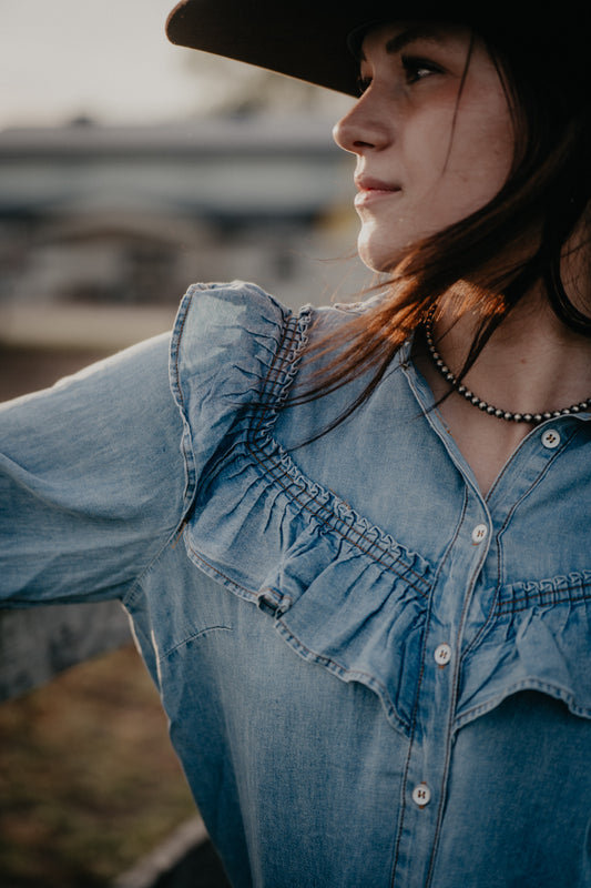 'Tessa' Denim Ruffle Button Down (S-L)