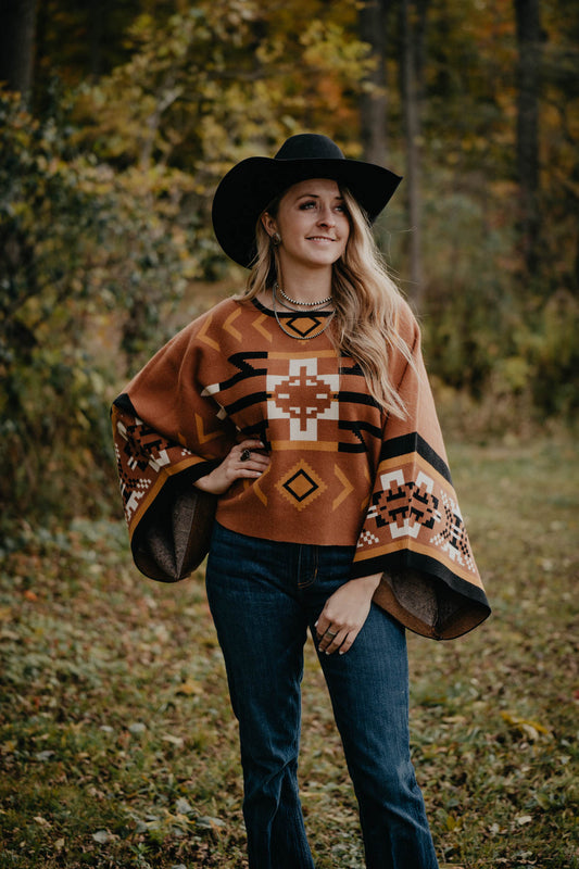 'Lena' Women's Caramel & Black Aztec Poncho Sweater (S/M & L/XL)