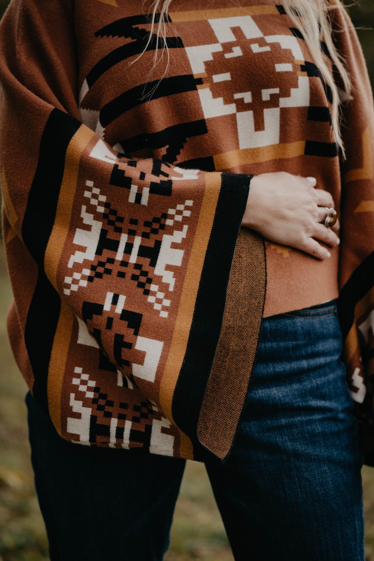 'Lena' Women's Caramel & Black Aztec Poncho Sweater (S/M & L/XL)