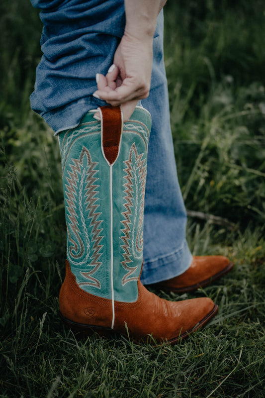 'Ambrose' Women's Penny Suede & Teal Leather Cowboy Boots