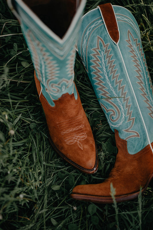 'Ambrose' Women's Penny Suede & Teal Leather Cowboy Boots