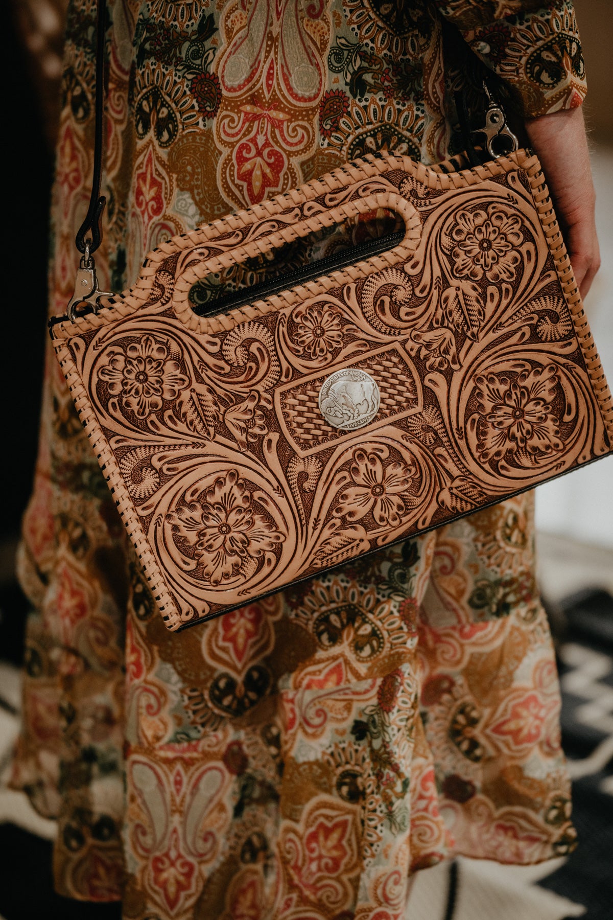 Full Floral Carved Clutch with Nickel Concho and Natural Whipstitch
