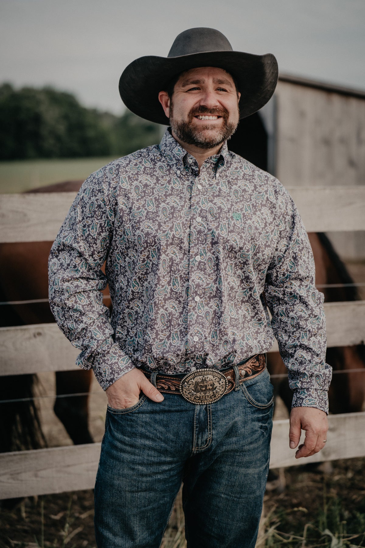 Men's CINCH Grey & Teal Paisley Print Classic Fit Button Up