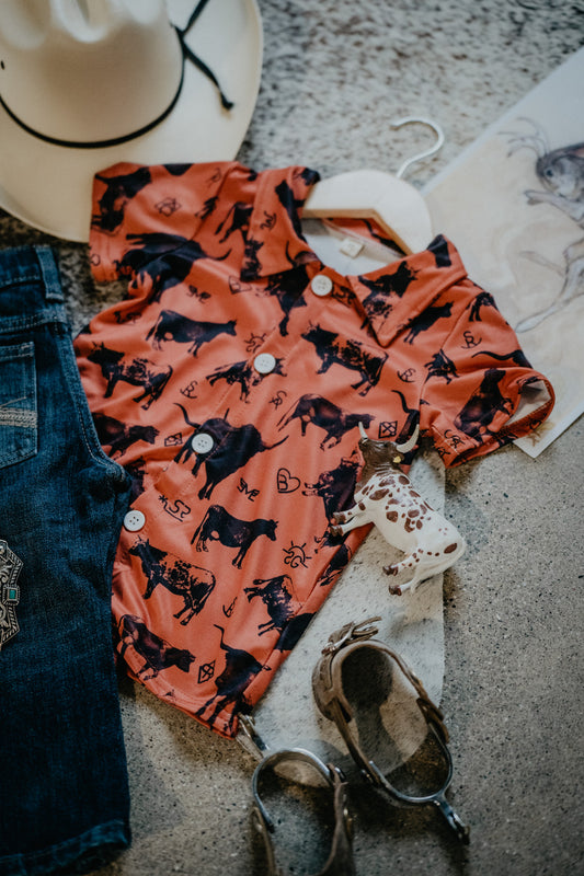 Orange Brand Print Collared Short Sleeve Shirt with Black Shorts (3-6M to 8/9T)