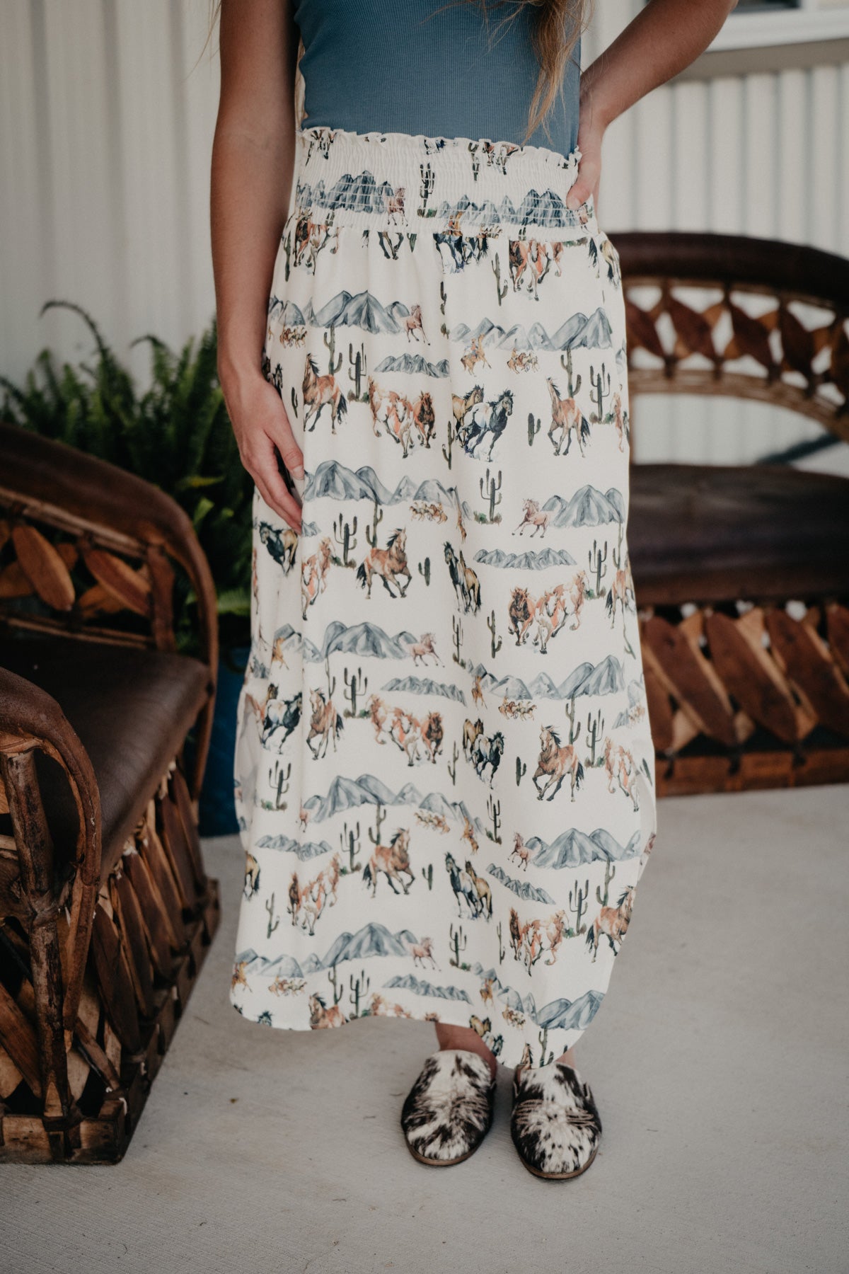 Horse Print Smocked Waist Maxi Skirt (S - XL)