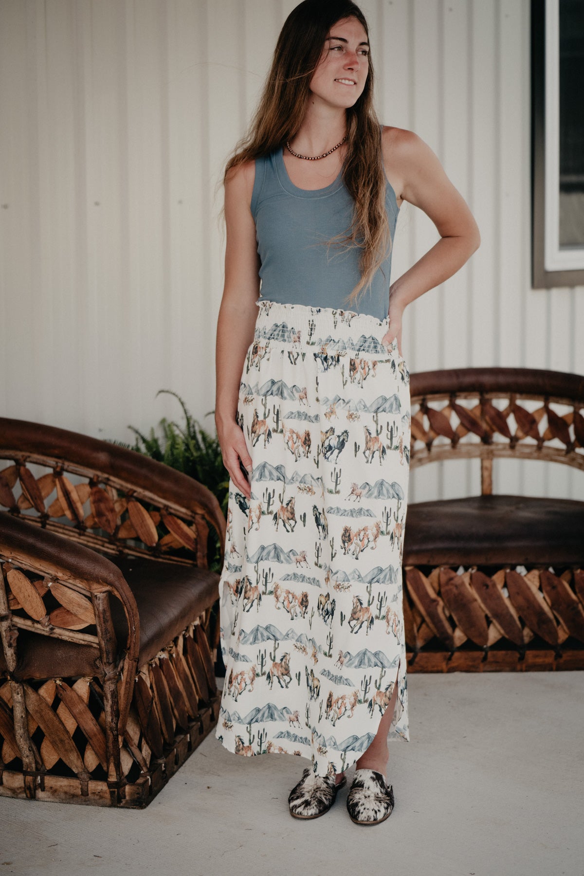 Horse Print Smocked Waist Maxi Skirt (S - XL)