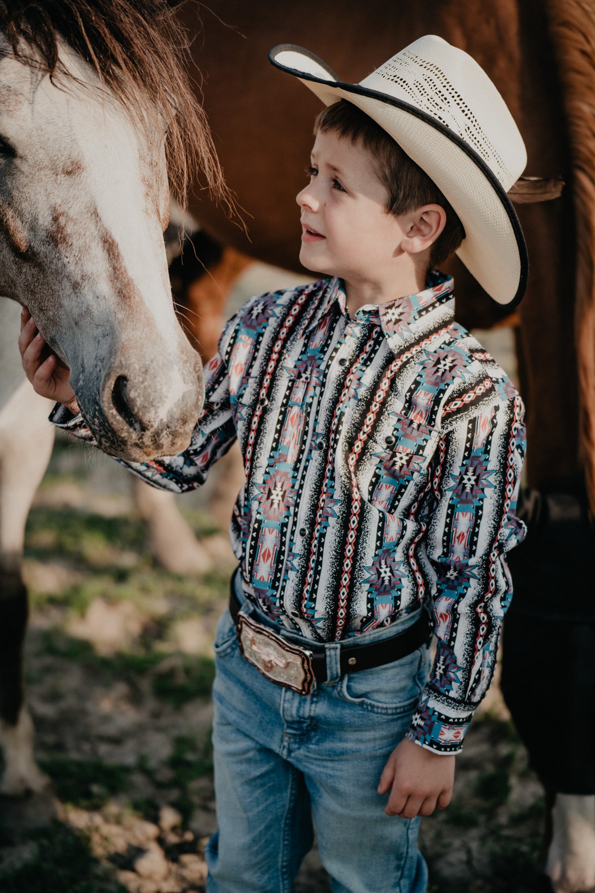 Boy's Wrangler 'Checotah' Retro Print Long Sleeve Pearl Snap Western Shirt (One 0-2 Only)