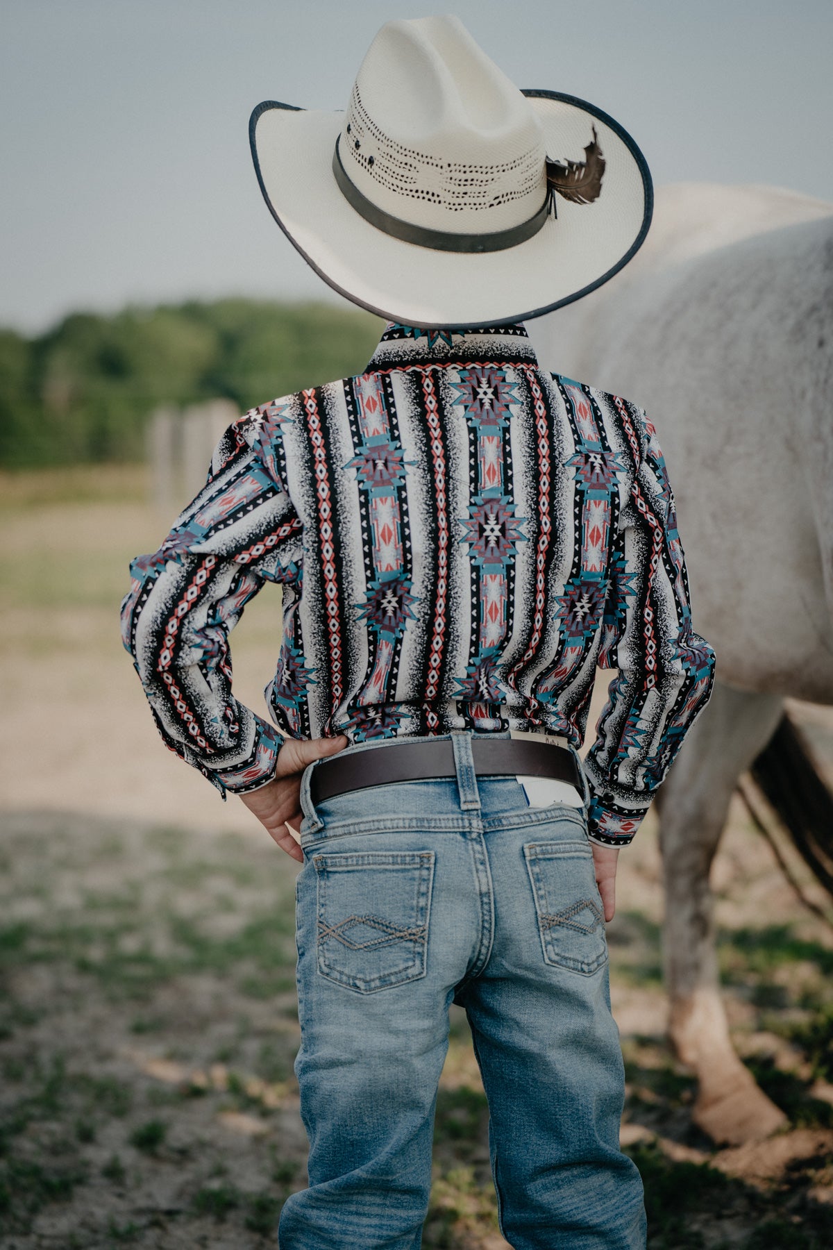 Boy's Wrangler 'Checotah' Retro Print Long Sleeve Pearl Snap Western Shirt (One 0-2 Only)