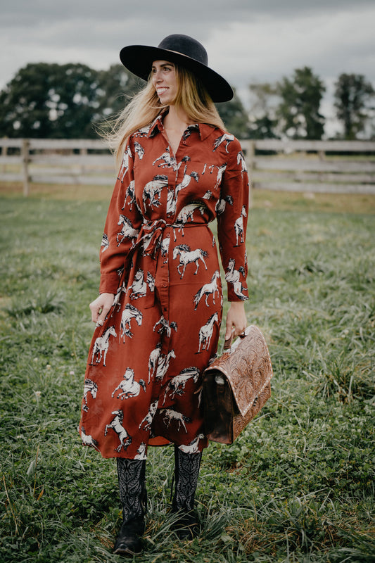 'Mallory' Rust Horse Button Down Maxi Dress (S-XXL)