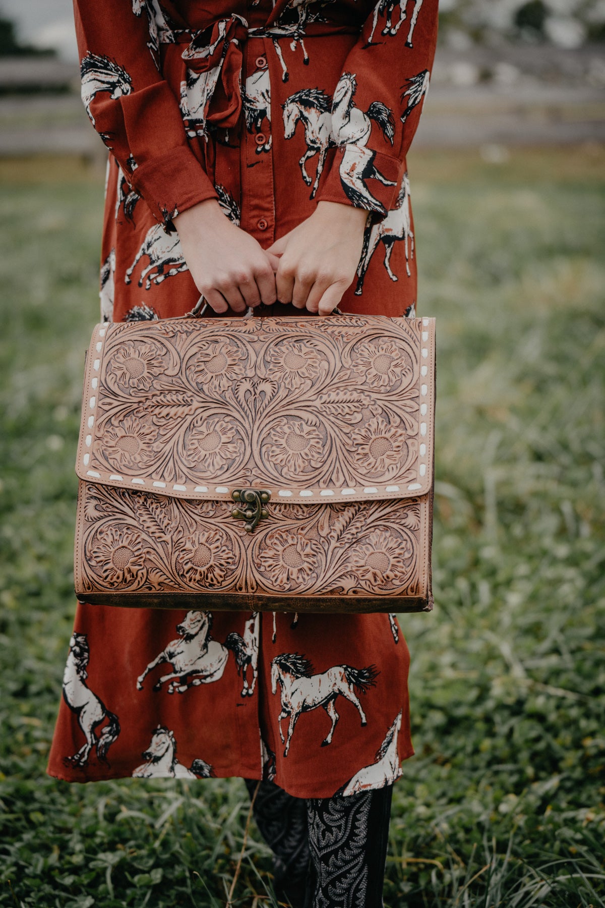 Tooled Leather Briefcase with White Buckstitch