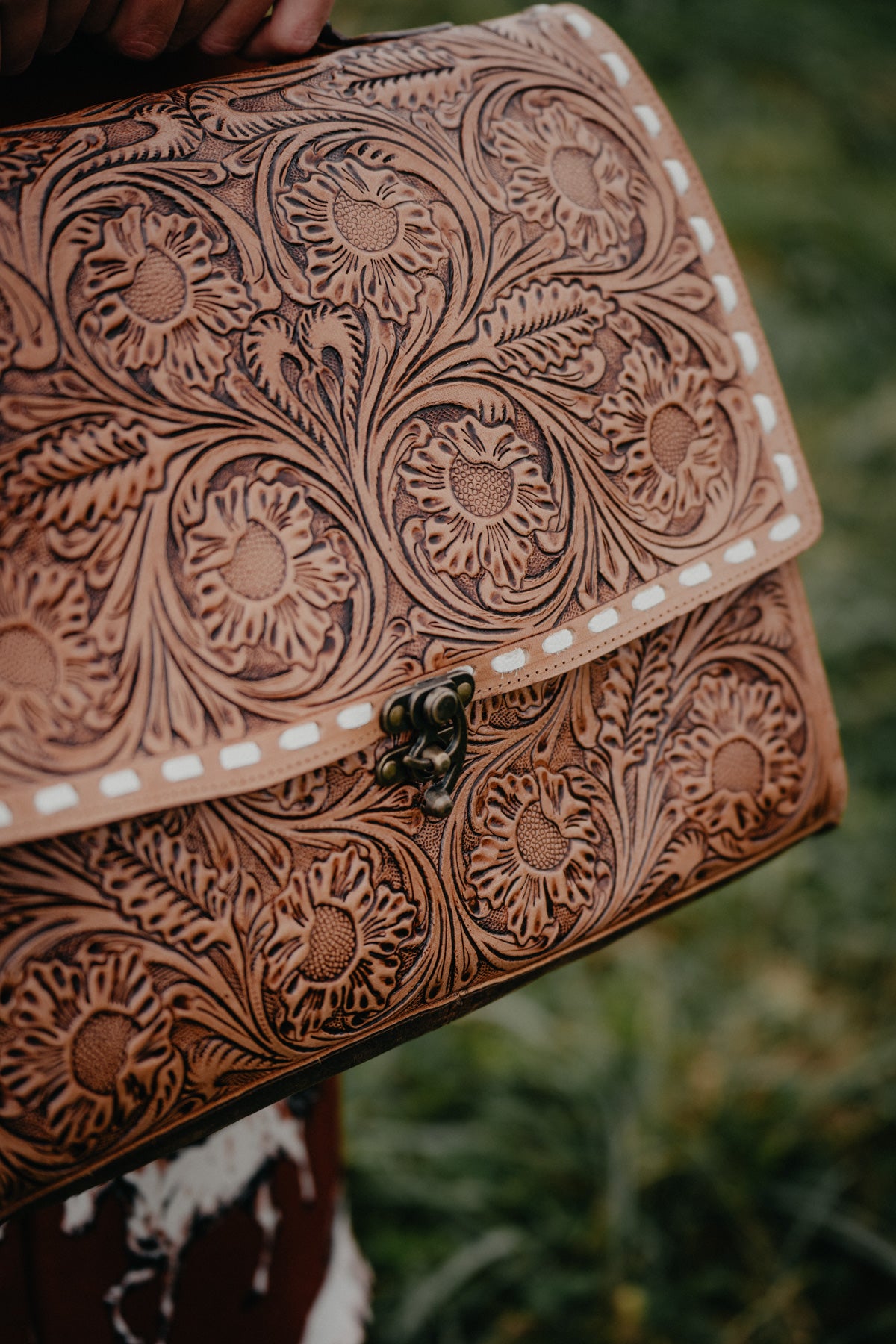 Tooled Leather Briefcase with White Buckstitch