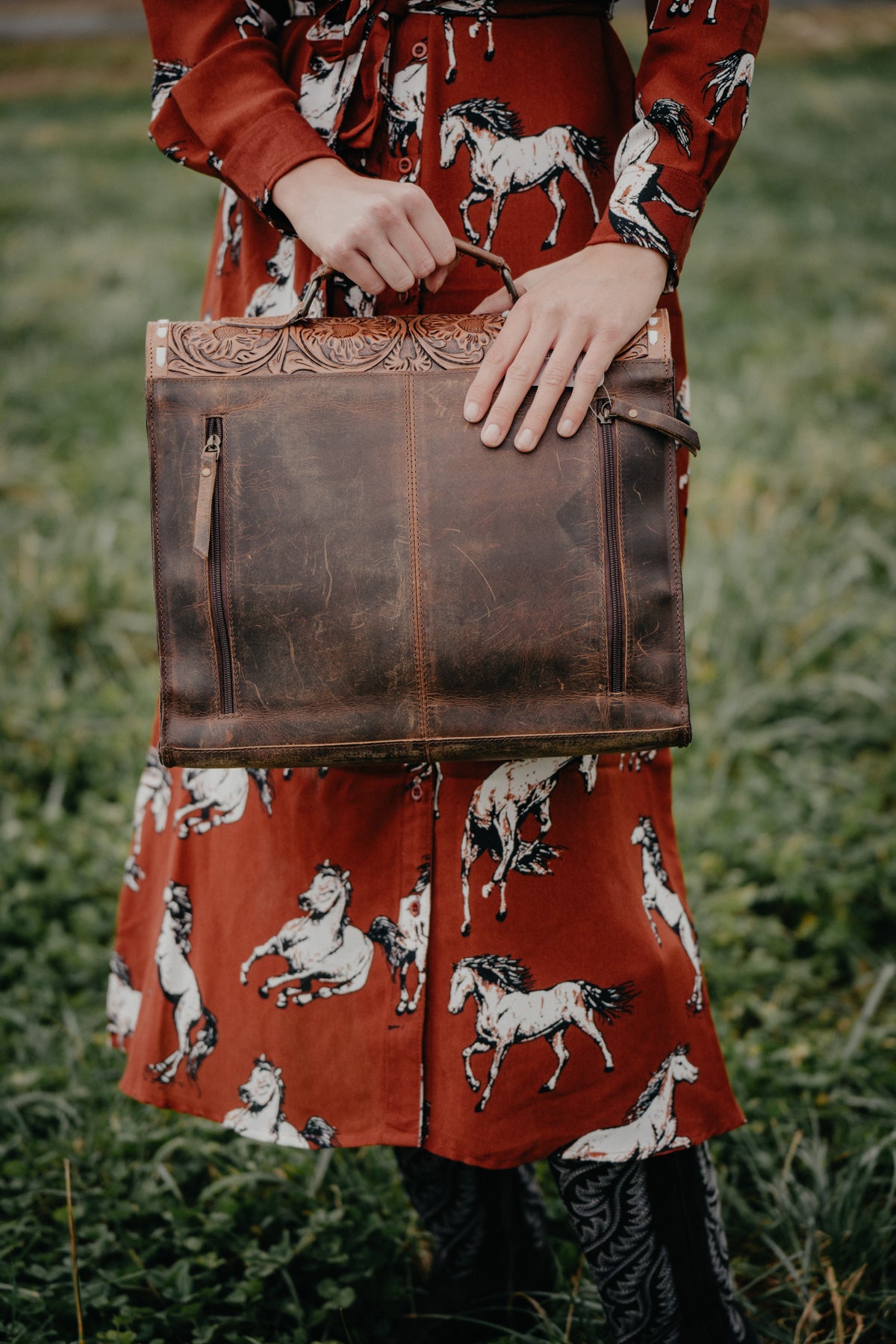 Tooled Leather & Cowhide Briefcase