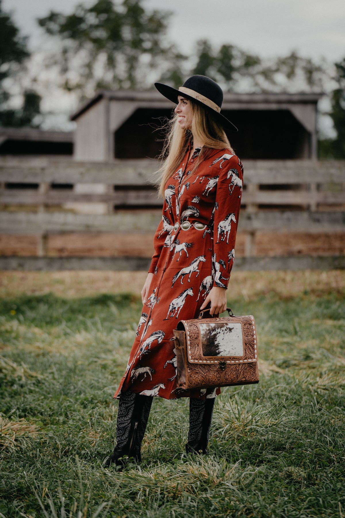 'Mallory' Rust Horse Button Down Maxi Dress (S-XXL)