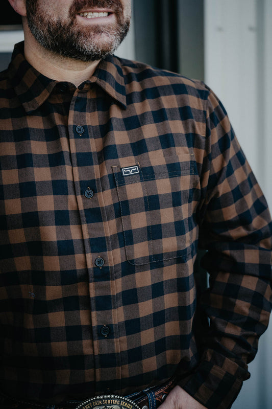 'Garrison' Men's Brown Plaid Long Sleeve Flannel Shirt by Kimes