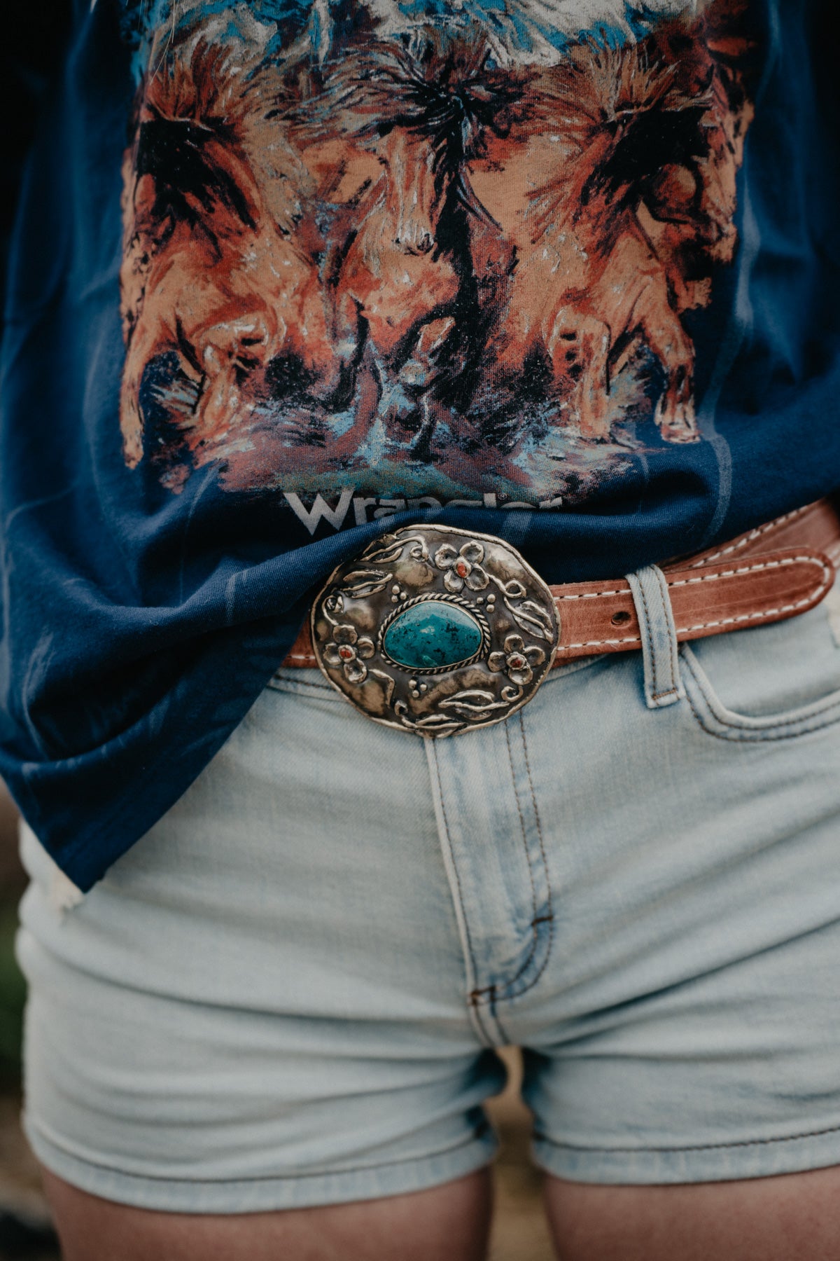 Floral Oval German Silver Buckle with Turquoise Stone by Paige Wallace