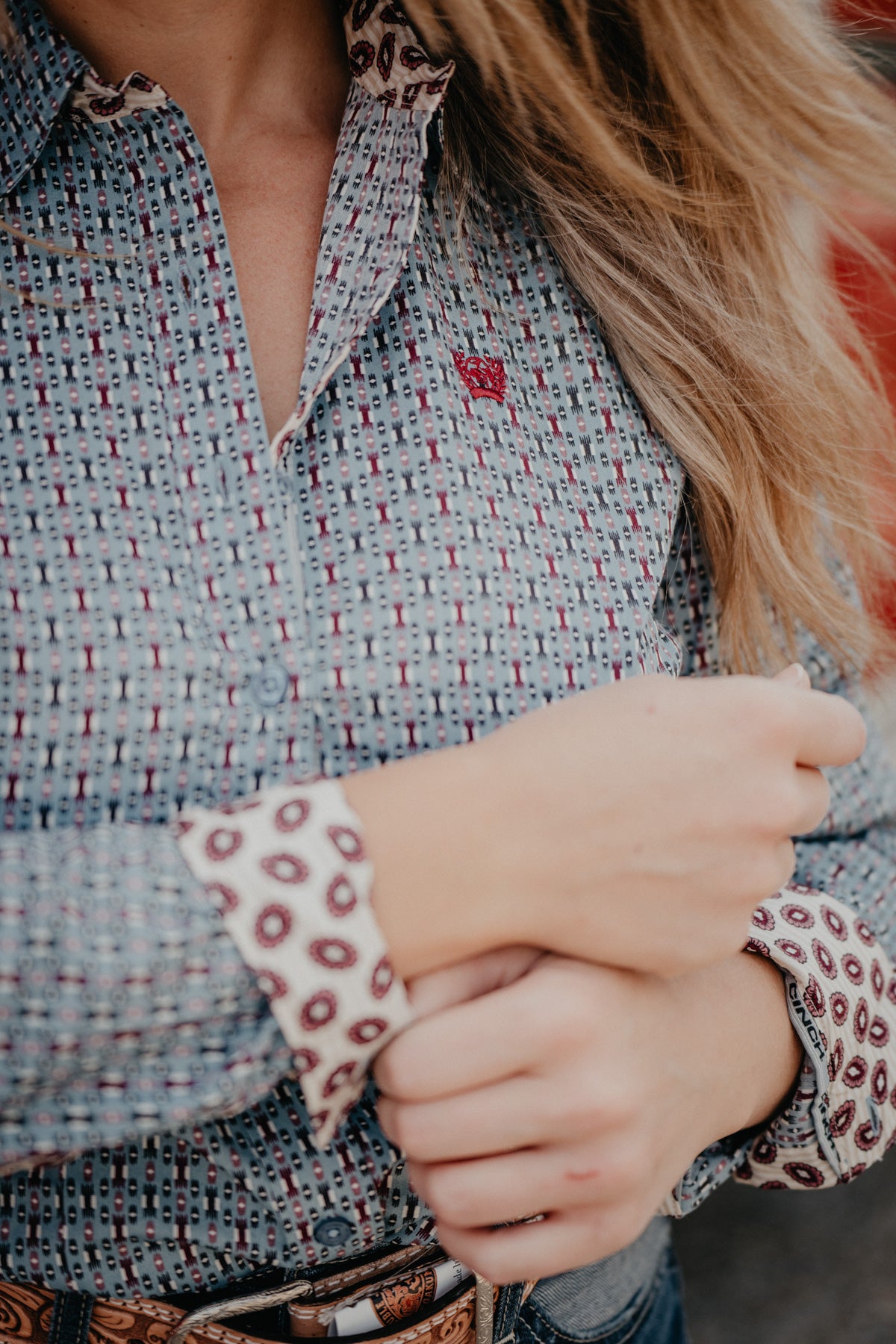 Women's CINCH Blue and Burgundy Geometric Print Long Sleeve Button Up (XS - XXL)