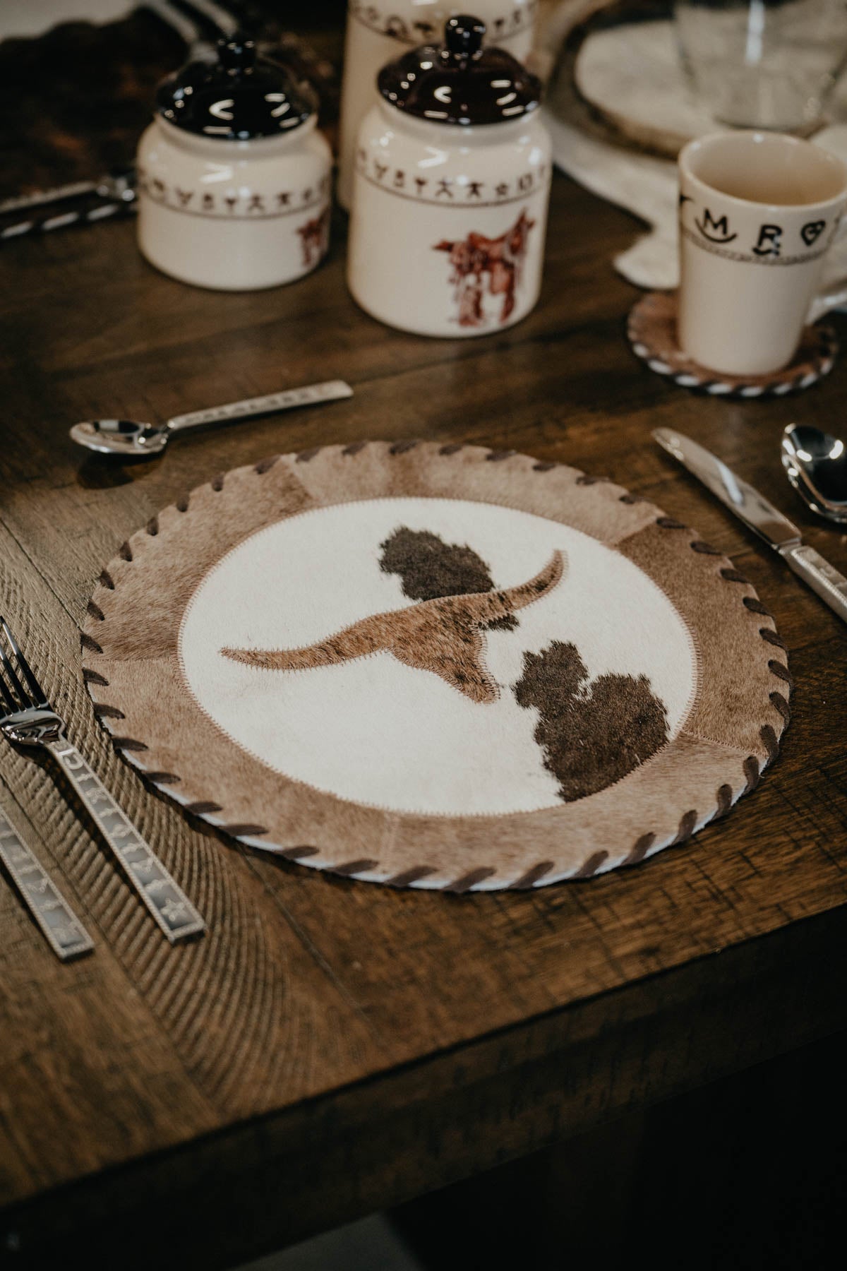 12" Round Cowhide Placemat (Longhorn & Bison Designs)