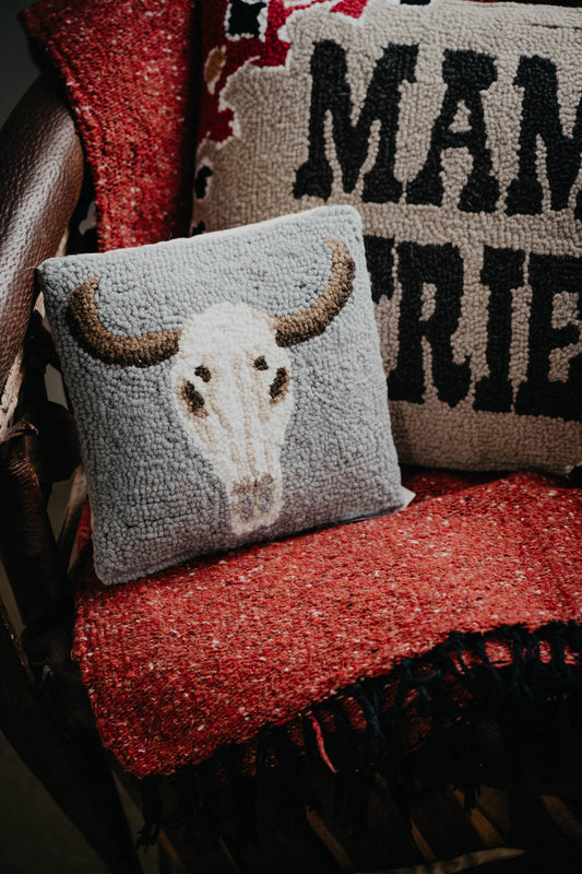 Small Cow Skull Rug Hooked Accent Pillow