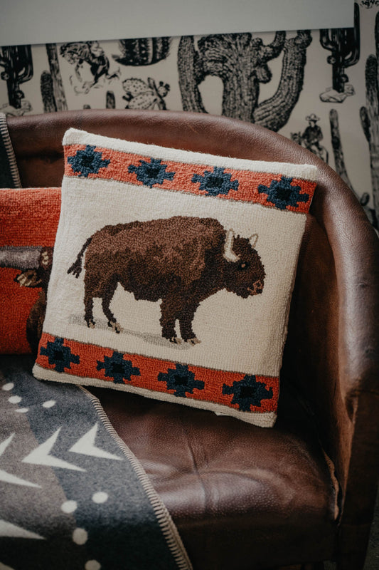 "Roaming Buffalo" Rug Hooked Medium Sized Accent Pillow