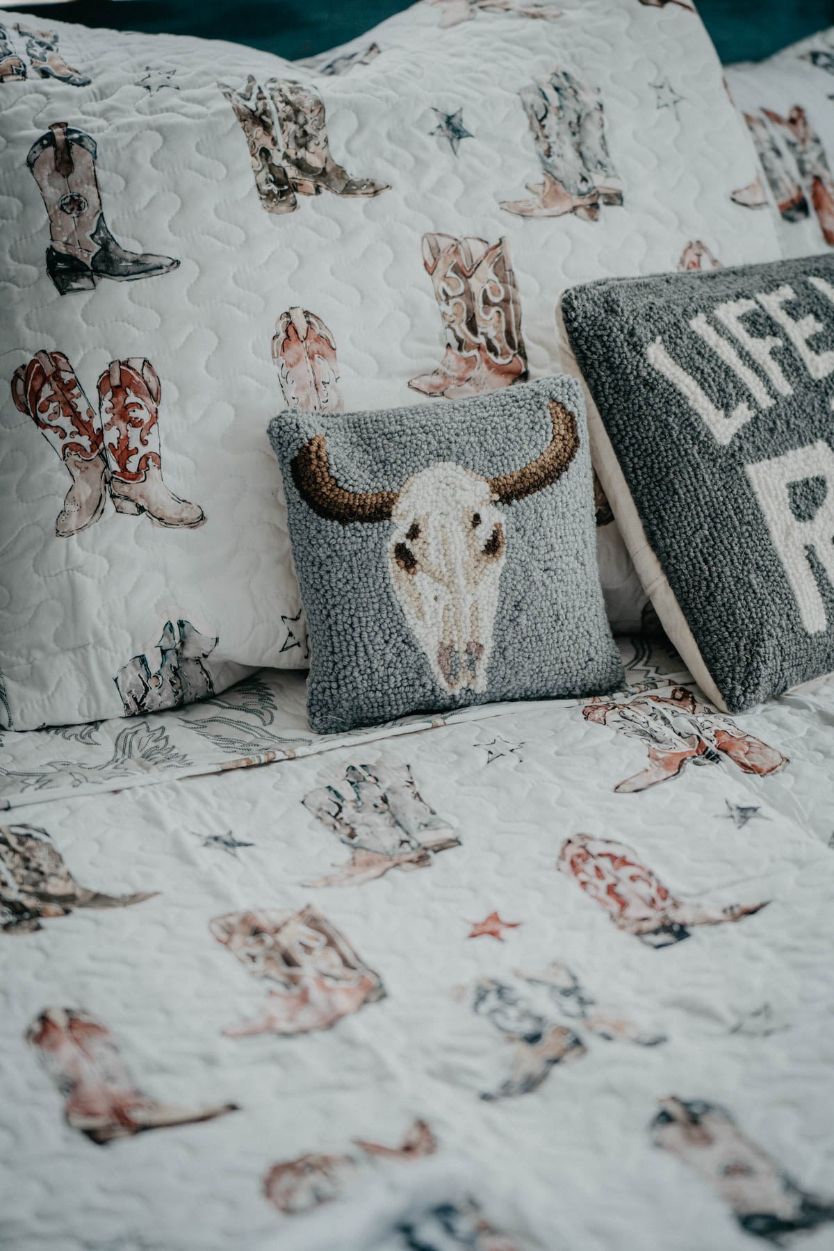 Small Cow Skull Rug Hooked Accent Pillow