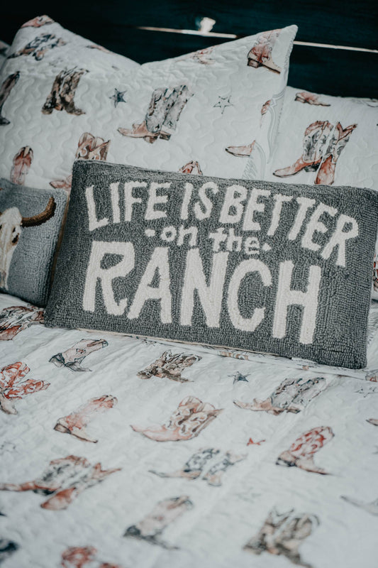 "Life is Better on the Ranch" Rug Hooked Large Accent Pillow