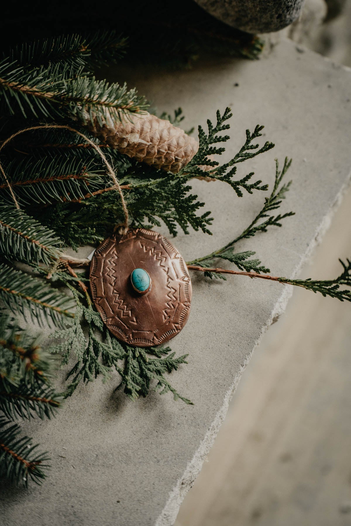 Copper Oval Christmas Ornament with Turquoise