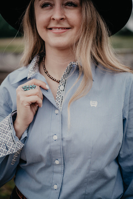 'Calista' CINCH Women's Blue Pinstripe Button Up Shirt with Stretch (XS-XXL)