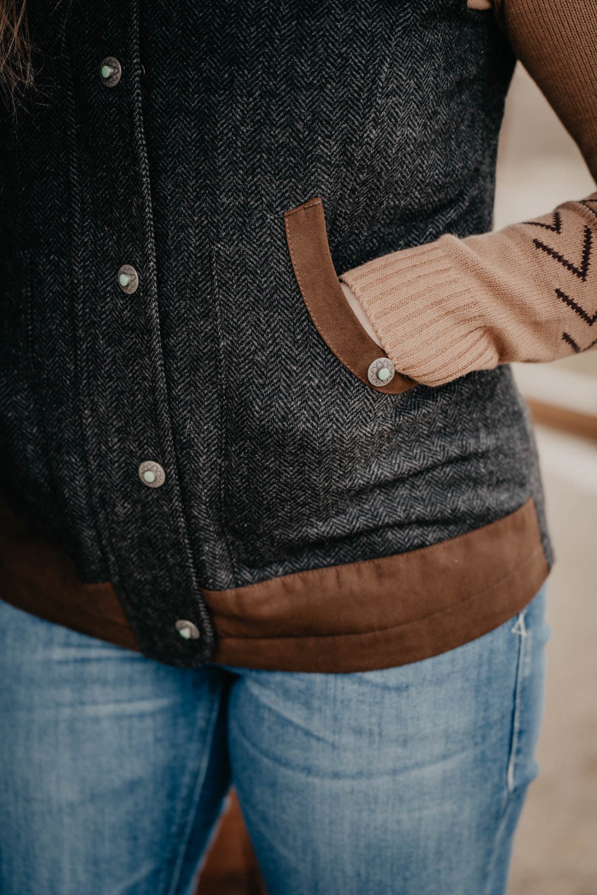 'Channel' Charcoal Herringbone Wool Vest by Madison Creek (1 S only)