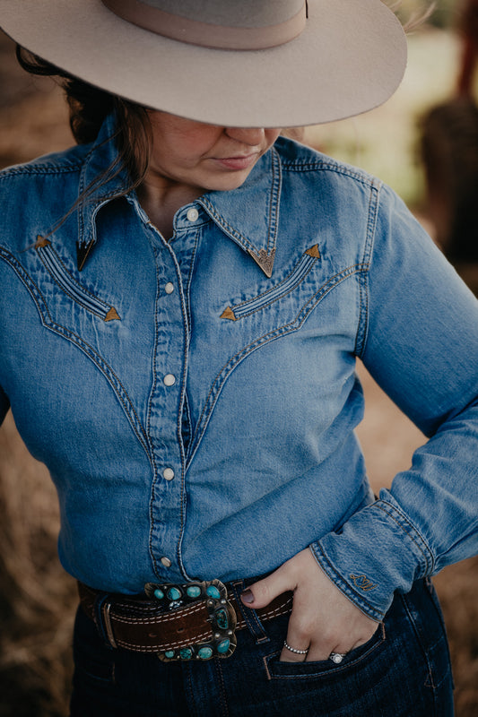 'Bright Side' Wrangler x Lainey Denim Pearl Snap (XS-XL)