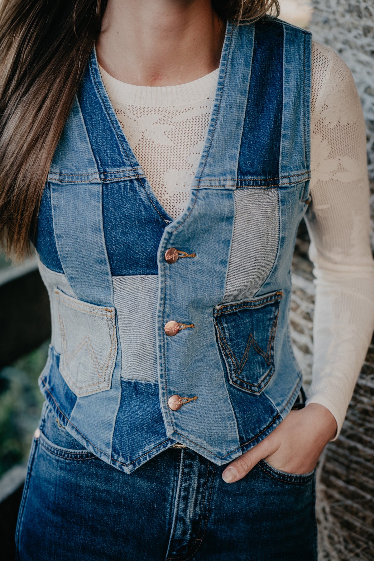 'Neon Diamonds' Wrangler x Lainey Patchwork Denim Vest (XS-XL)