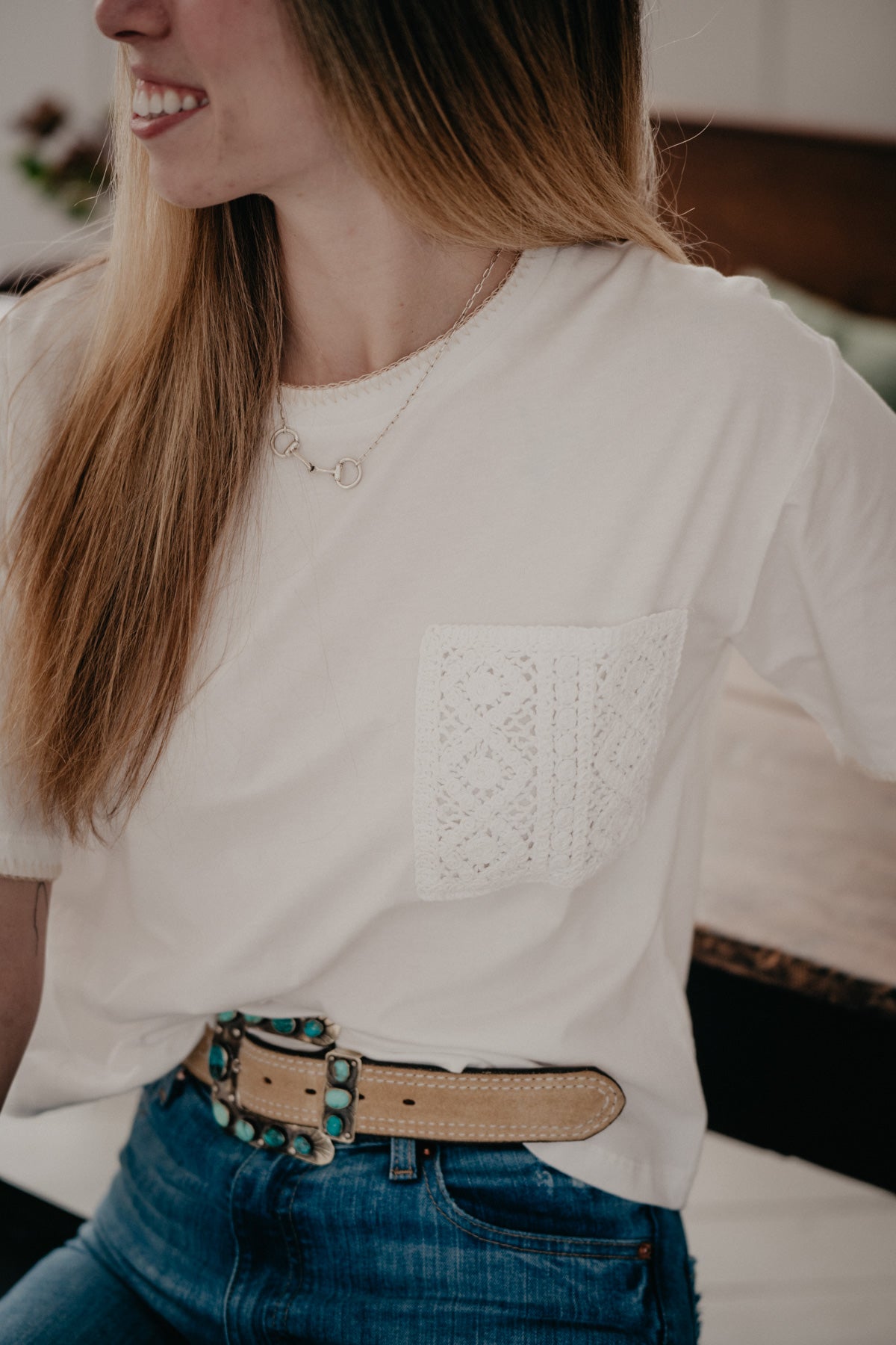 Stitched Detailed Crochet Pocket T-Shirt (2 Colours; S-L)