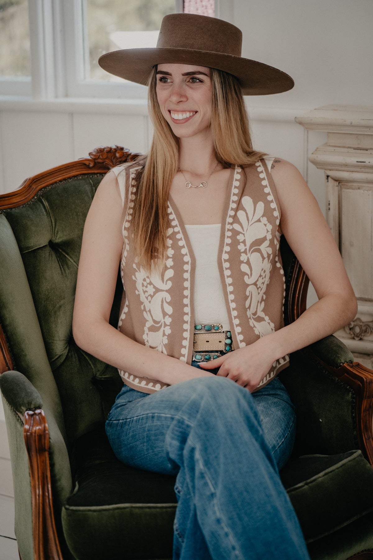 'Moonflower' Tan Knit Floral Embroidered Vest (S-L)