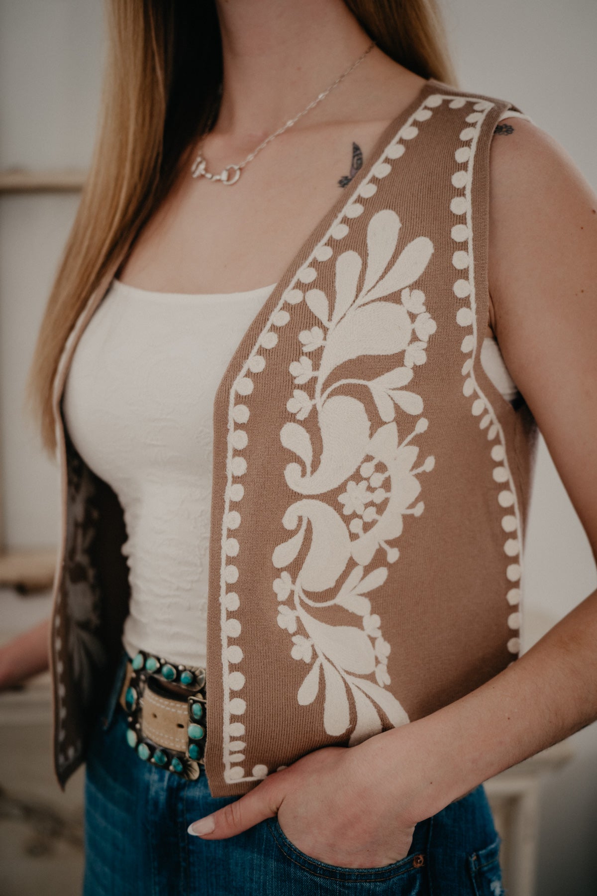 'Moonflower' Tan Knit Floral Embroidered Vest (S-L)