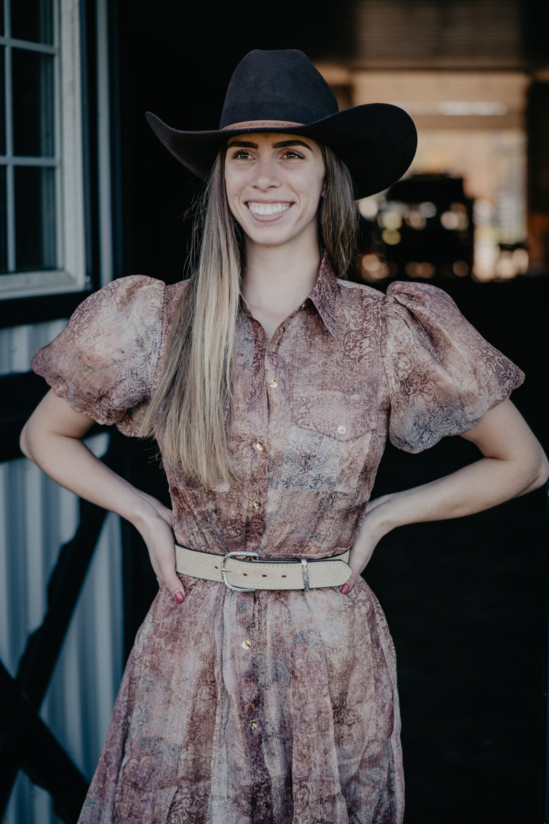 'Fannie' Metallic Paisley Print Bubble Sleeve Midi Dress (S-L)